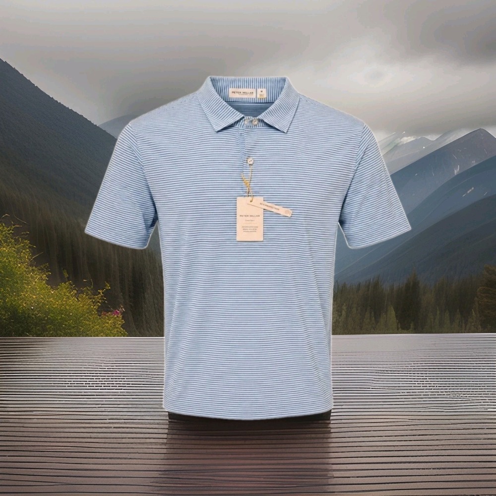 Peter Millar Crown Sport Polo Shirt Blue Striped Featherweight Upf 50+ NWT XL